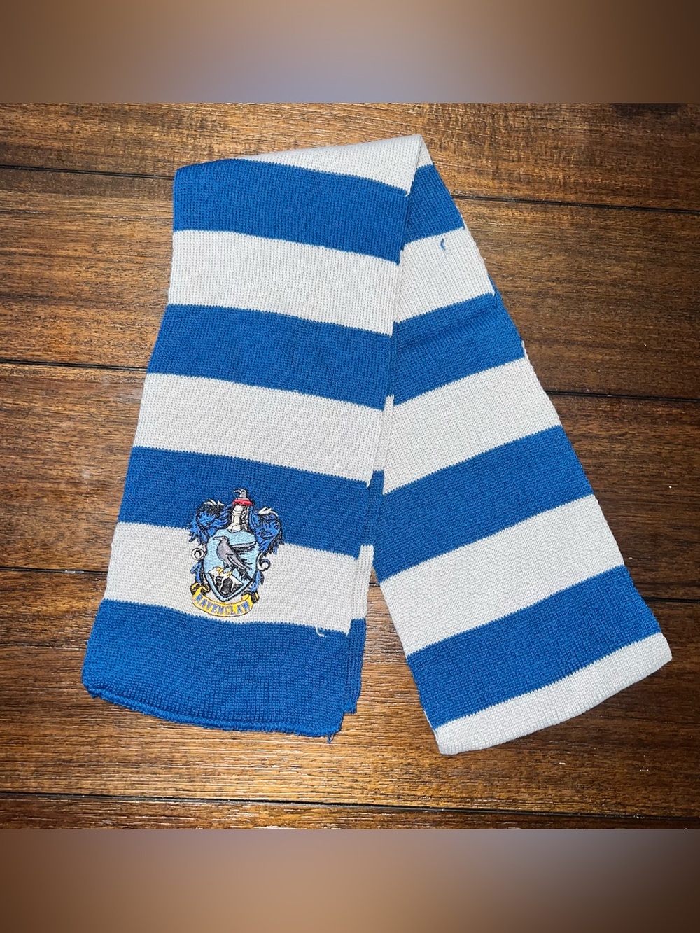 Harry Potter Ravenclaw Blue White Striped Scarf with Embroidered Crest